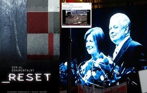 Plakat zapowiadający serial "Reset"/Fotografia śp. Marii i Lecha Kaczyńskich na telebimie podczas 12. rocznicy katastrofy smoleńskiej / autor: Twitter/@resettvp, Fratria, @tvp_info
