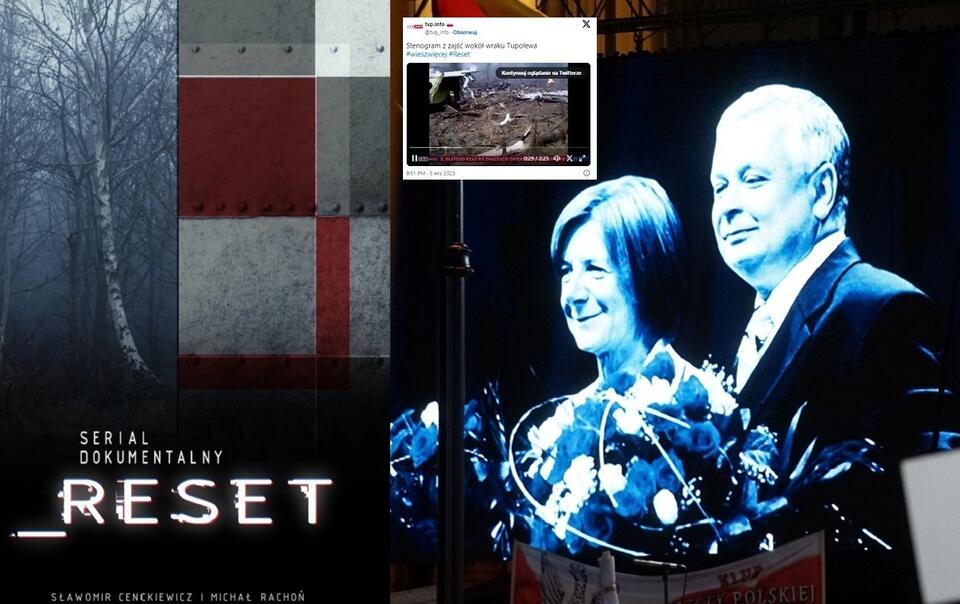 Plakat zapowiadający serial "Reset"/Fotografia śp. Marii i Lecha Kaczyńskich na telebimie podczas 12. rocznicy katastrofy smoleńskiej / autor: Twitter/@resettvp, Fratria, @tvp_info