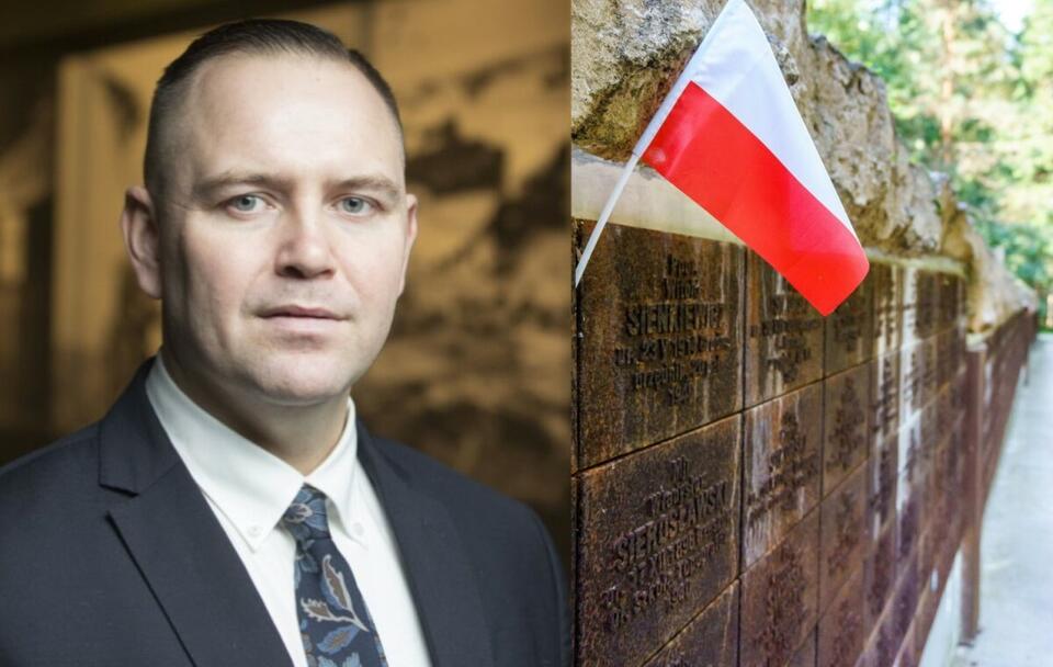 Prezes IPN dr Karol Nawrocki/ Polska flaga na cmentarzu w Katyniu / autor: Fratria