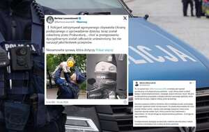 Zatrzymał Ukraińca podejrzanego o uprowadzenie dziecka. Policjant może być wydalony, choć "został całkowicie uniewinniony". Na zdjęciu ilustracyjnym policjant przy radiowozie oraz wpisy z portalu X / autor: Fratria/X