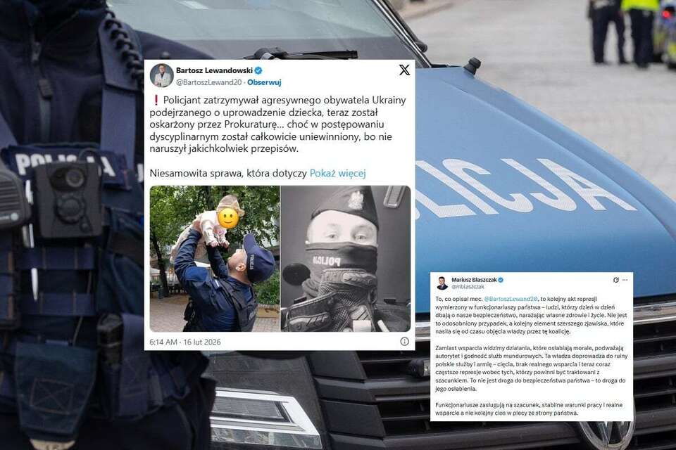 Zatrzymał Ukraińca podejrzanego o uprowadzenie dziecka. Policjant może być wydalony, choć "został całkowicie uniewinniony". Na zdjęciu ilustracyjnym policjant przy radiowozie oraz wpisy z portalu X / autor: Fratria/X