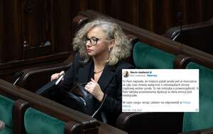 Katarzyna Kotula w ławach sejmowych oraz wpis Marcina Józefaciuka z portalu X / autor: Fratria/X
