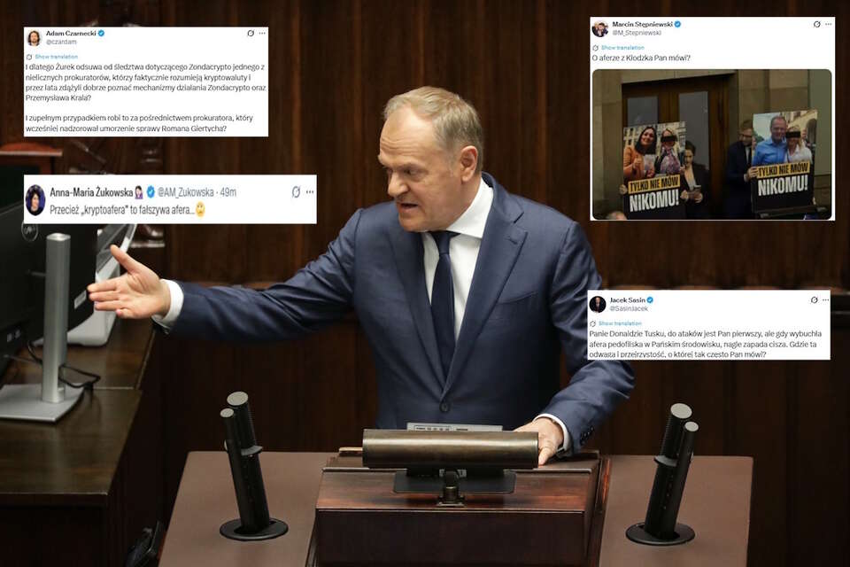 Na zdjęciu Donald Tusk na mównicy sejmowej oraz wpisy z portalu X (screeny) / autor: PAP/Tomasz Gzell/X (screeny)