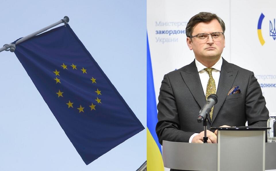 Flaga UE/szef dyplomacji Ukrainy Dmytro Kułeba / autor: Fratria/Mfa.gov.ua, CC BY 4.0 <https://creativecommons.org/licenses/by/4.0>, via Wikimedia Commons