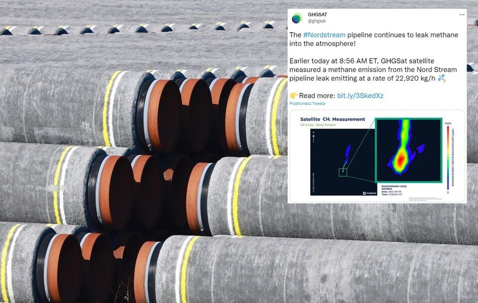 Nieużyte rury, które były przeznaczone do budowy Nord Stream 2/ Tweet ze zdjęciem z wycieku metanu z gazociągów Nord Stream / autor: PAP/EPA/HANNIBAL HANSCHKE; Twitter/ GHGSAT (screenshot)