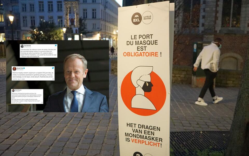 Z lewej Donald Tusk, z prawej plakat w Brukseli przypominający o ograniczeniach / autor: wPolityce.pl