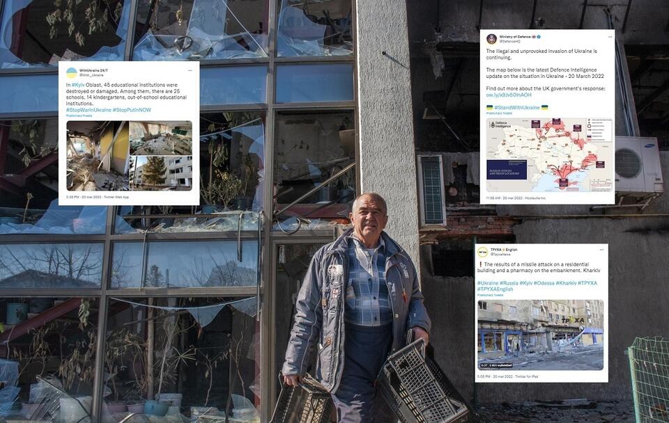 Mieszkaniec Charkowa przed zrujnowanym budynkiem mieszkalnym / autor: PAP/EPA