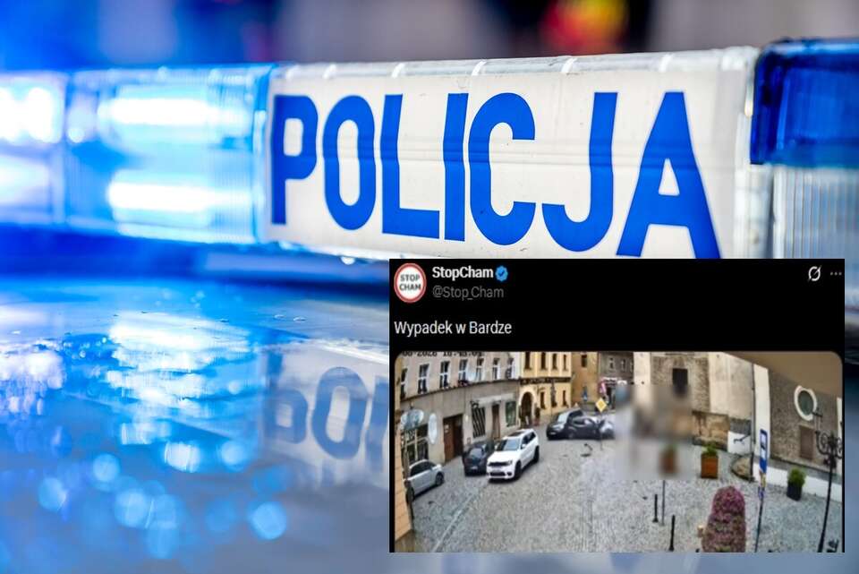 Włączona sygnalizacja policyjna oraz wpis StopCham z portalu X / autor: Fratria/X-StopCham