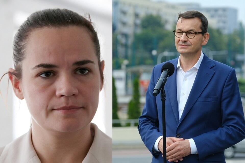 Swietłana Cichanouska; premier Mateusz Morawiecki / autor: PAP/EPA; PAP/Hanna Bardo