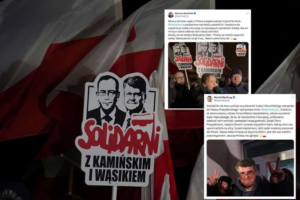 W tle transparent z hasłem "Solidarni z Kamińskim i Wąsikiem" / autor: Fratria/X