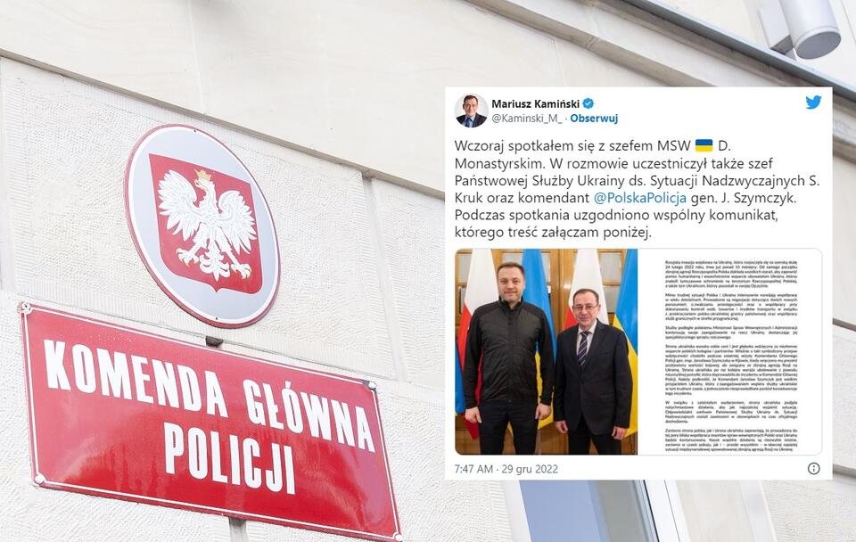 W tle Komenda Główna Policji / autor: Fratria; Twitter/Mariusz Kamiński