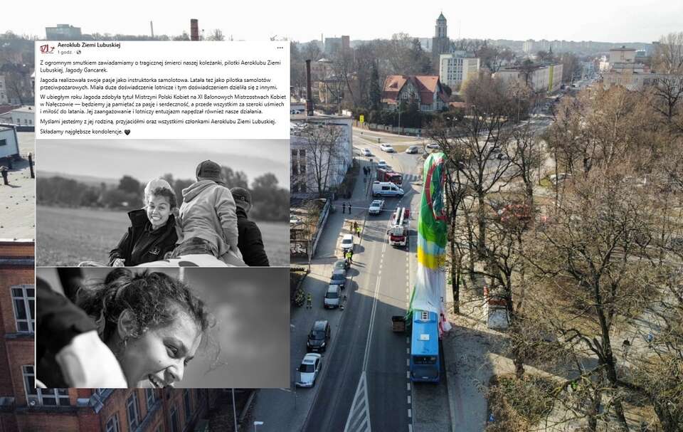 Zdjęcie z miejsca tragedii w Zielonej Górze/Wpis Aeroklubu Ziemi Lubuskiej z informacjami o Jagodzie Gancarek / autor: PAP/Lech Muszyński/FB: Aeroklub Ziemi Lubuskiej