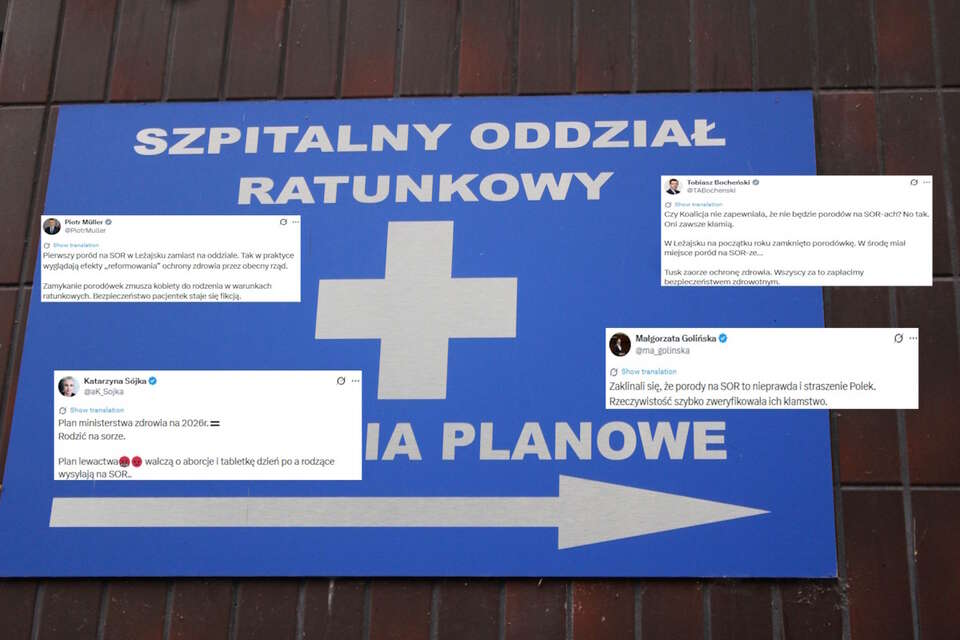 W tle tablica "Szpitalny Oddział Ratunkowy" i komentarze polityków opozycji z serwisu X / autor: Fratria/X