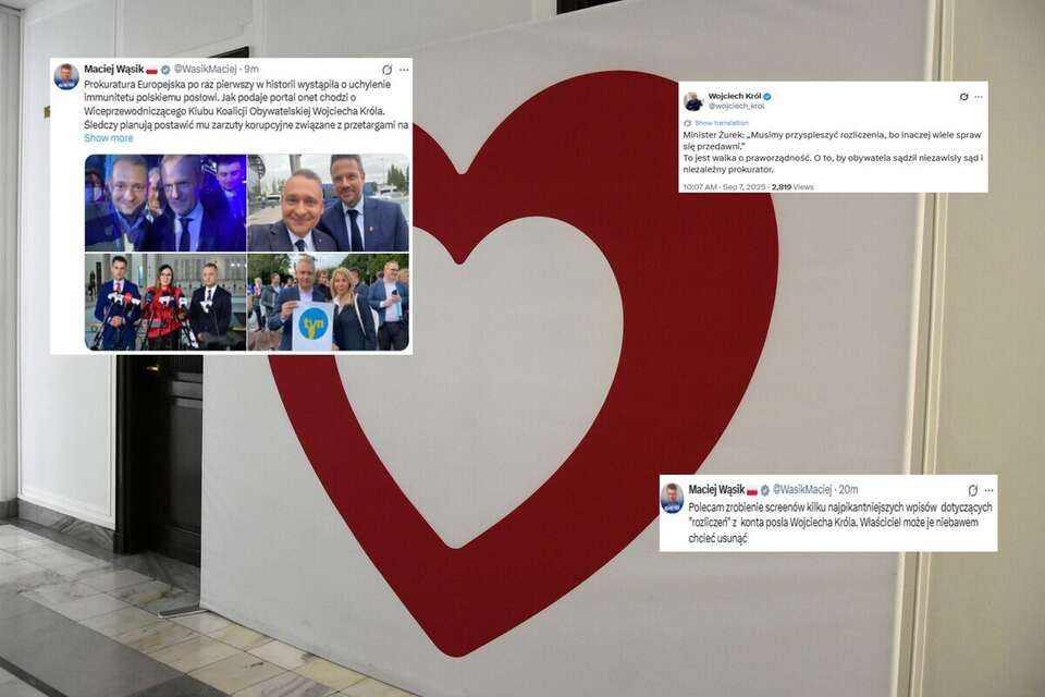 Ścianka z logo KO w Sejmie oraz wpisy z portalu X (screeny) / autor: Fratria/X (screeny)