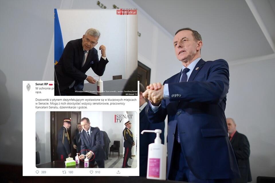 Marszałek T. Grodzki demonstruje sposób dezynfekcji rąk / autor: PAP/Marcin Obara; Twitter/Senat RP; wPolityce.pl