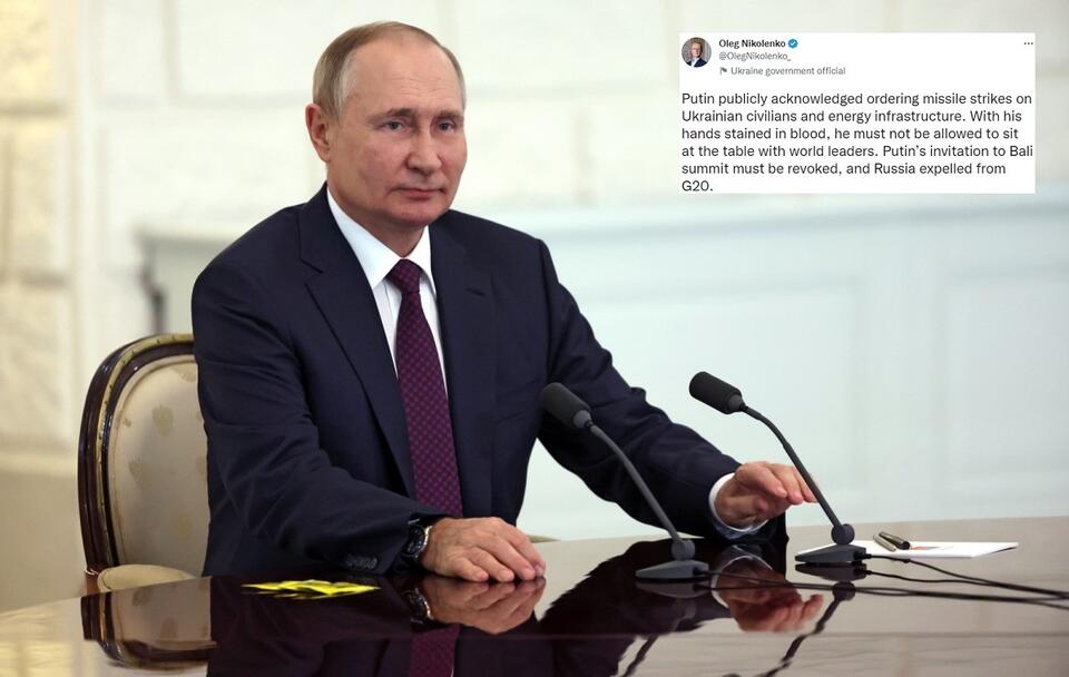 Prezydent Rosji Władimir Putin; Wpis rzecznika MSZ Ukrainy z Twittera / autor: PAP/EPA/SERGEJ BOBYLEV / KREMLIN POOL / SPUTNIK; Twitter/Oleg Nikolenko (screenshot)