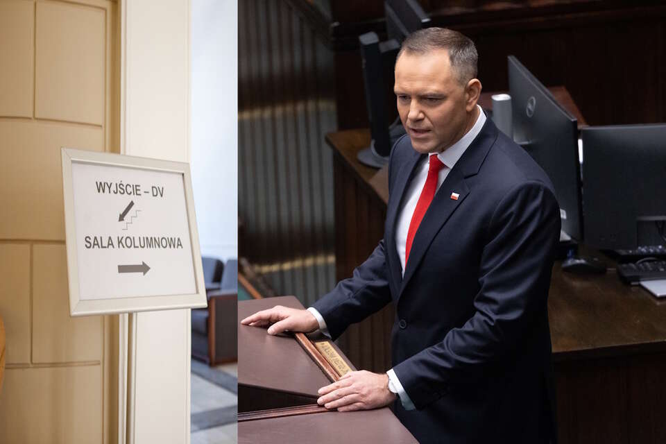 Na zdjęciu prezydent Karol Nawrocki w Sejmie oraz tabliczka informująca o drodze do Sali Kolumnowej / autor: Fratria