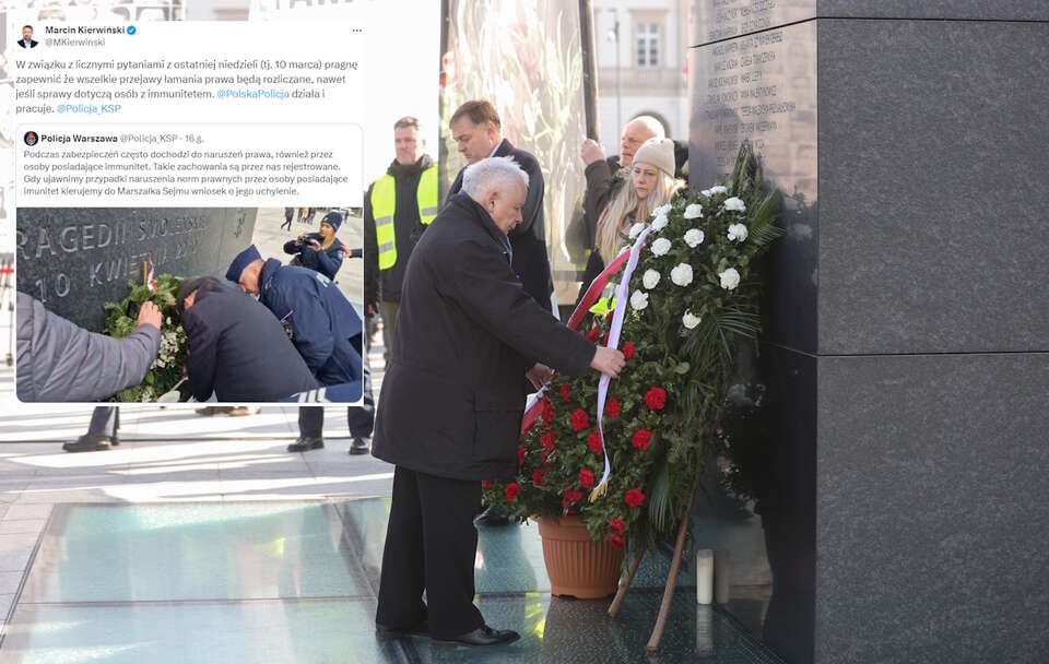 Jarosław Kaczyński podczas uroczystości przed Pomnikiem Ofiar Tragedii Smoleńskiej / autor: PAP/Rafał Guz/X/MKierwinski
