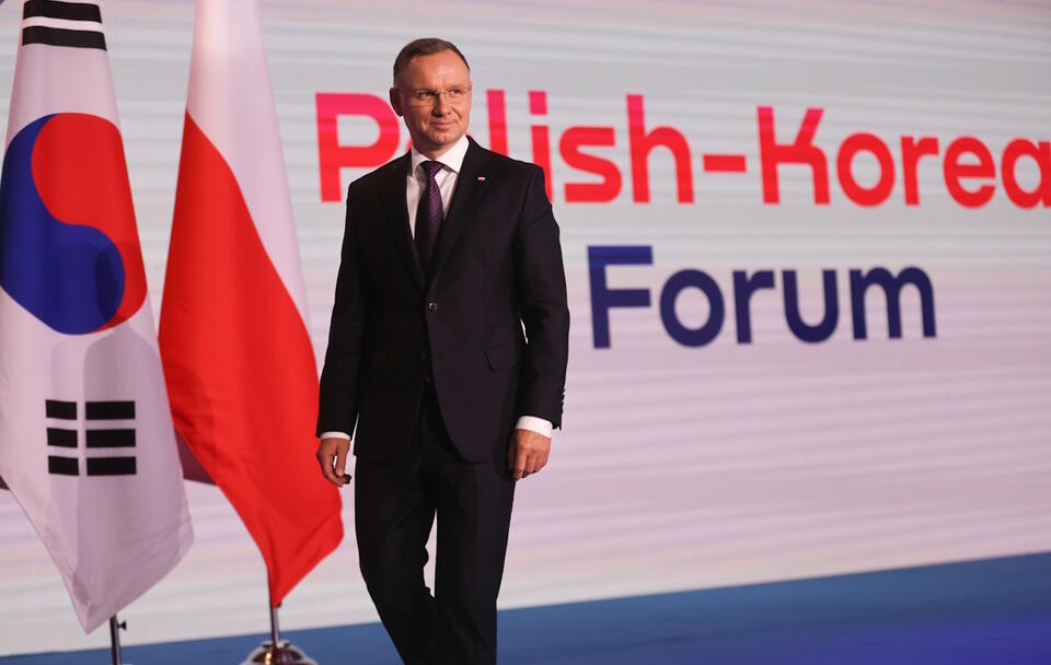 Prezydent RP Andrzej Duda przemawia na otwarciu Forum Polsko-Koreańskiego w ramach Krynica Forum 2023 w Krynicy-Zdroju / autor: PAP/Grzegorz Momot