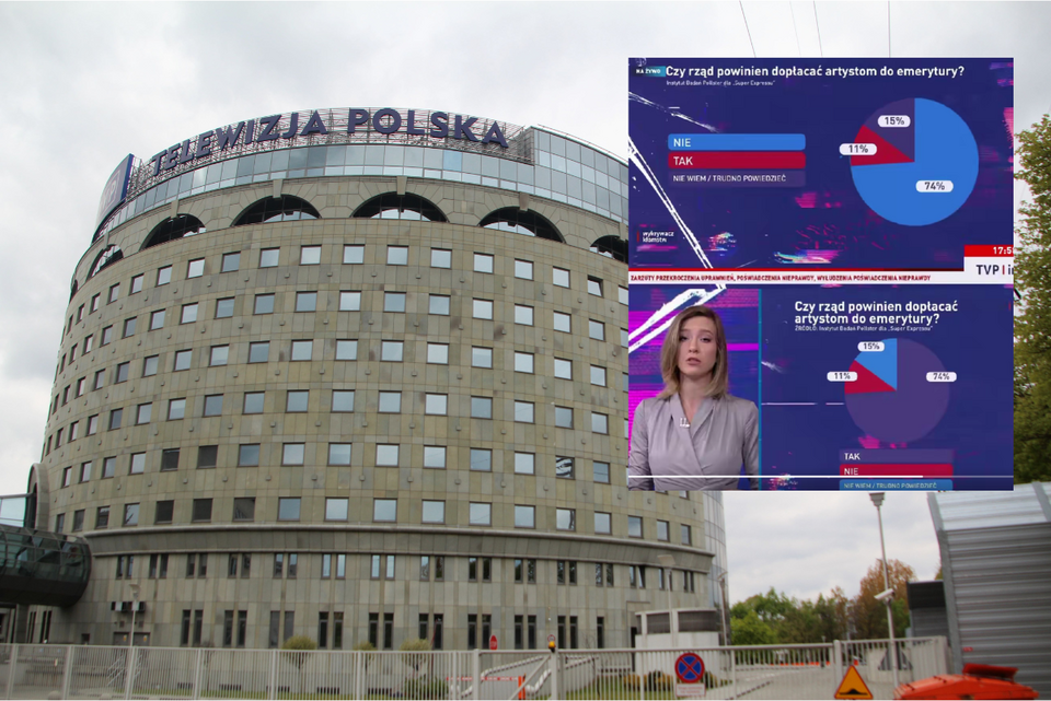 Siedziba TVP i zrzut sprostowania ws. sondażu / autor: Fratria/X/TVP Info