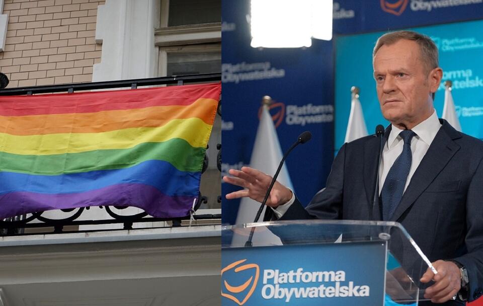 Flaga LGBT/Donald Tusk / autor: Fratria/PAP/Mateusz Marek