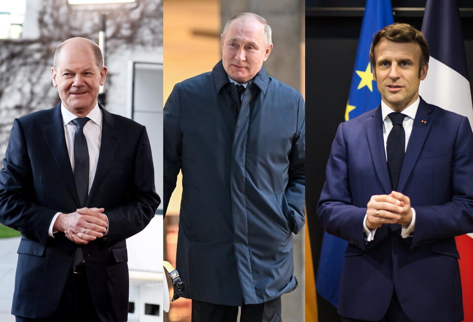 Olaf Scholz, Emmanuel Macron, Władimir Putin  / autor: PAP/EPA/ screenshot TT Kremlin