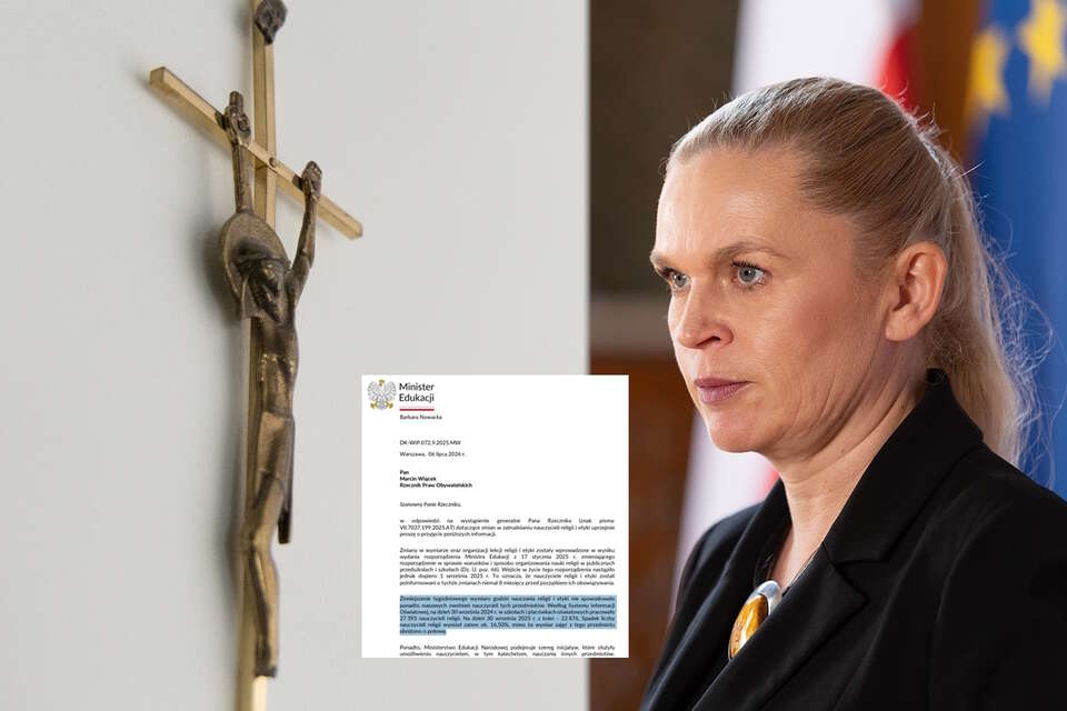 Krzyż na ścianie i szefowa MEN Barbara Nowacka / autor: Fratria/SKŚ