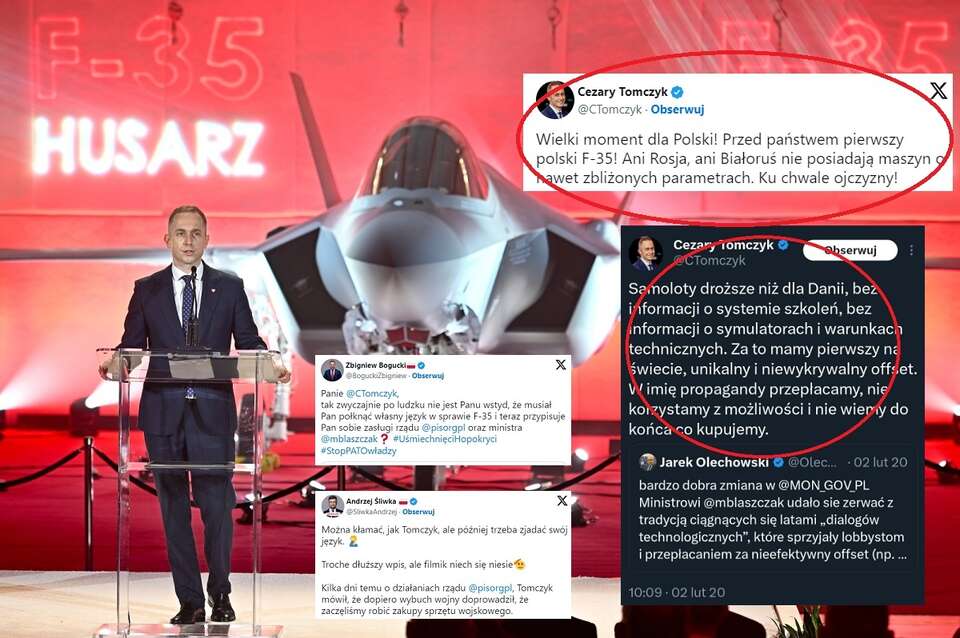 Wiceminister obrony narodowej Cezary Tomczyk podczas oficjalnej prezentacji pierwszego samolotu F-35 dla Polski, w Fort Worth w stanie Teksas / autor: PAP/Radek Pietruszka, X