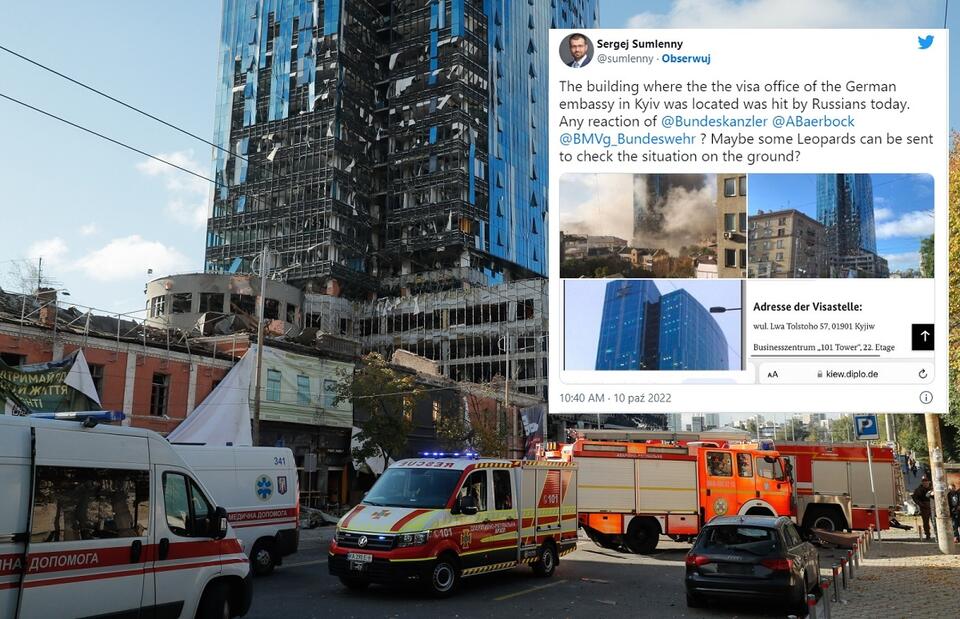 Zniszczony kijowski wieżowiec, w którym siedzibę ma biuro wizowe ambasady RFN / autor: PAP/EPA; Twitter