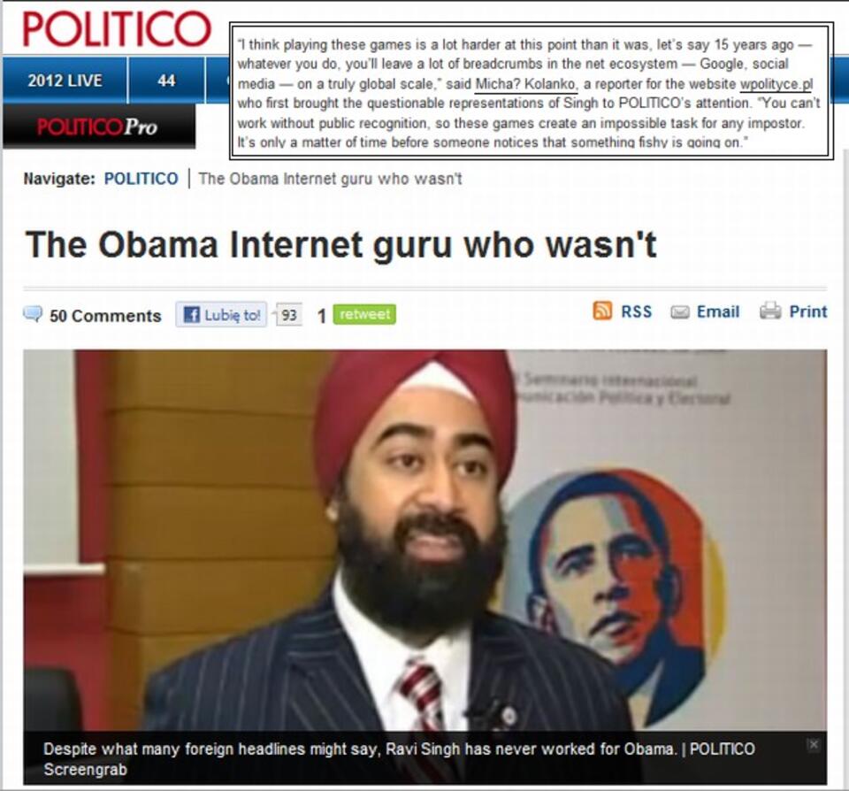 Artykuł POLITICO.COM ujawniający, że Singh nigdy nie pracował dla Obamy