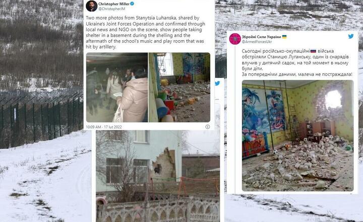 W tle zdjęcie granicy ukraińsko-rosyjskiej; zdjęcia przedstawiające ostrzał przedszkola w Ługańsku / autor: PAP/EPA; Twitter