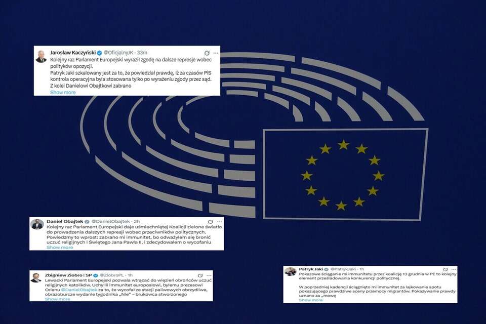 Logo Parlamentu Europejskiego oraz wpisy z portalu X (screeny) / autor: Fratria/X (screeny)