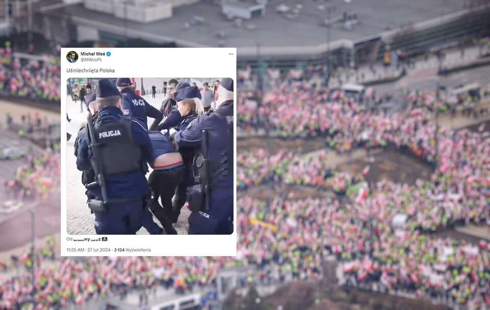 W tle - protest rolników "Gwiaździsty Marsz na Warszawę" na Rondzie Dmowskiego / autor: PAP/Szymon Pulcyn; X/Michał Woś