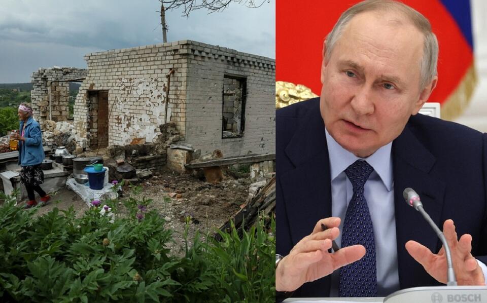 Zniszczona ukraińska wieś/Władimir Putin / autor: PAP/EPA/OLEG PETRASYUK/PAP/EPA/MIKHAEL KLIMENTYEV / SPUTNIK / KREMLIN POOL
