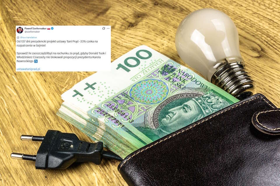Na zdjęciu żarówka, pieniądze w portfelu, wtyczka do gniazdka oraz wpis Pawła Szefernakera (screen z X) / autor: Fratria/X-Paweł Szefernaker (screen)