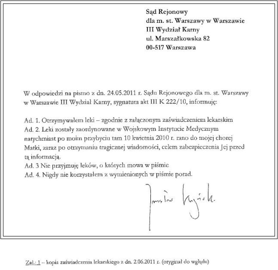 Odpowiedź Jarosława Kaczyńskiego na zapytanie sądu