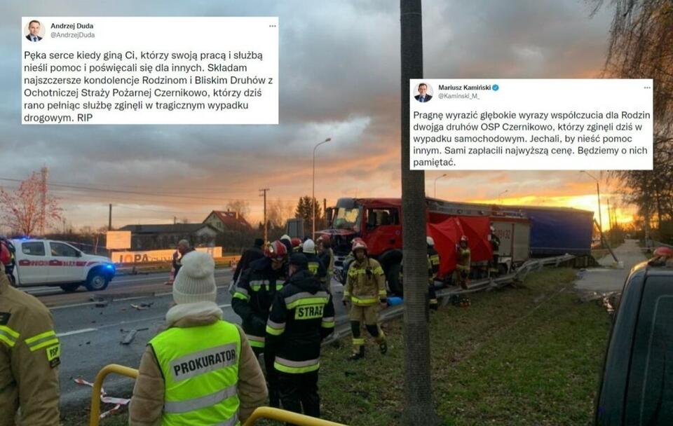 Tragiczna śmierć strażaków OSP. Kondolencje prezydenta / autor: PAP/KW PSP Toruń; Twitter (screeny)