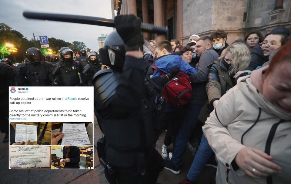 Protesty przeciwko mobilizacji w Sankt Petersburgu/ Wpis z Twittera Nexty / autor: PAP/EPA/ANATOLY MALTSEV; Twitter/Nexta
