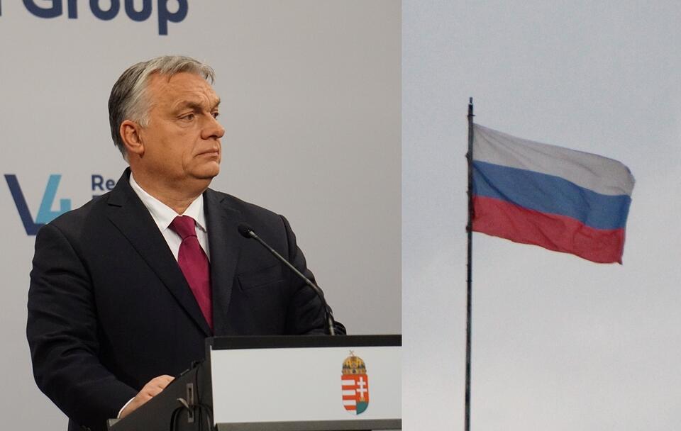 Premier Węgier Viktor Orban; flaga Rosji / autor: Fratria