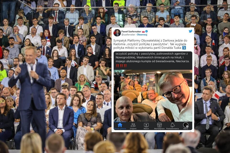 W tle - Donald Tusk podczas konwencji PO w Radomiu / autor: PAP/Adam Kumorowicz; Twiter/Paweł Szefernaker