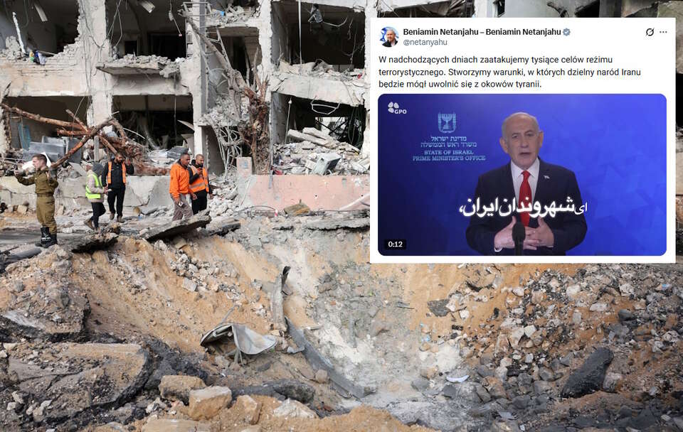 Służby ratunkowe sprawdzają zniszczenia w budynku trafionym irańskim pociskiem rakietowym w Tel Awiwie. Izraelski premie Beniamin Netanjahu zapowiada kontynuowanie ataków.  / autor: PAP/EPA/ABIR SULTANX