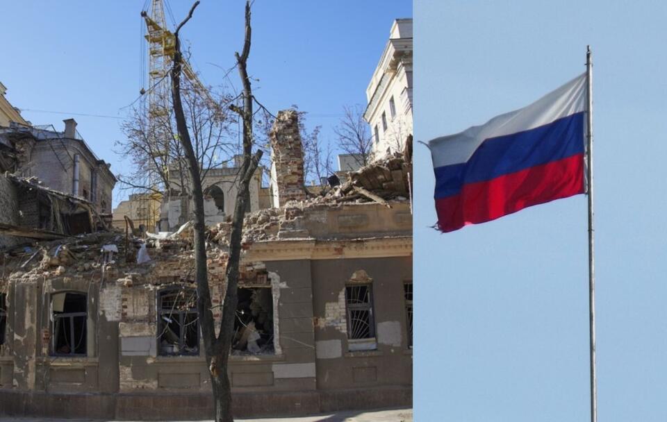 Zdjęcie ilustracyjne/ Zniszczony budynek w Charkowie, w wyniku rosyjskiego ostrzału; Flaga Rosji  / autor: PAP/EPA/SERGEY KOZLOV; Fratria 
