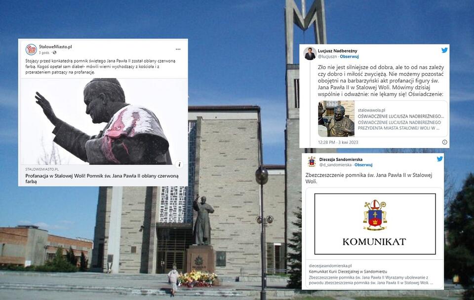 na zdjęciu pomnik św. Jana Pawła II przed bazyliką konkatedralną Matki Bożej Królowej Polski w Stalowej Woli / autor: wikimedia commons/Rysius/https://creativecommons.org/licenses/by-sa/3.0/; Twitter (miniatury); Facebook (StaloweMiasto)