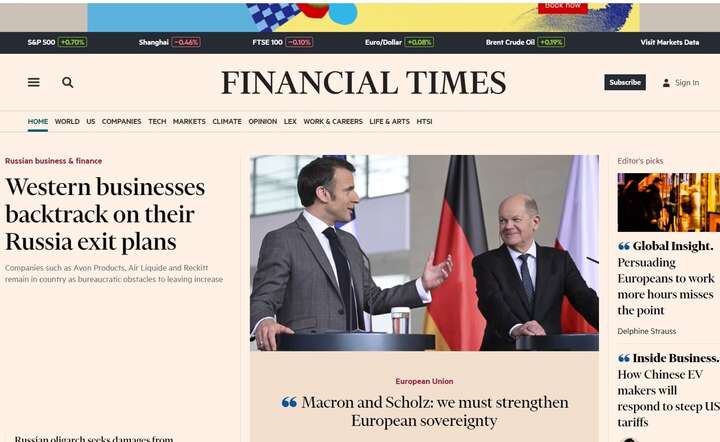 Strona frontowa internetowego wydania "Financial Times" z 28 maja 2024 r. / autor: screen - https://www.ft.com