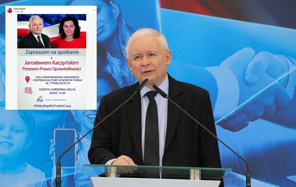 Jarosław Kaczyński; Zaproszenie na spotkanie z prezesem PiS / autor: Fratria; Facebook/Anna Paluch (screenshot)