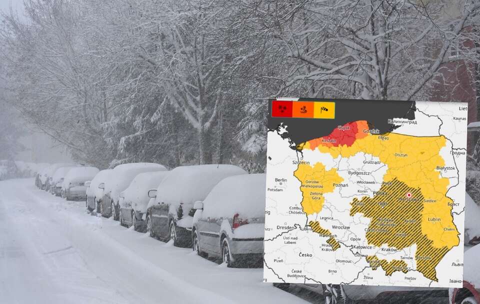 Zasypane śniegiem po intensywnych nocnych opadach ulice Koszalina; Mapa ostrzeżeń IMGW  / autor: PAP/Piotr Kowala/IMGW