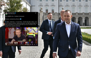  Prezydent RP Karol Nawrocki (P) w drodze na spotkanie z przedstawicielami mediów przed Pałacem Prezydenckim w Warszawie. / autor: PAP/Radek Pietruszka/X/Kanał Sportowy 
