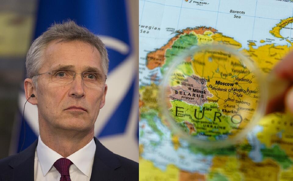 Sekretarz generalny NATO Jens Stoltenberg/Rosja i Białoruś na mapie / autor: Fratria