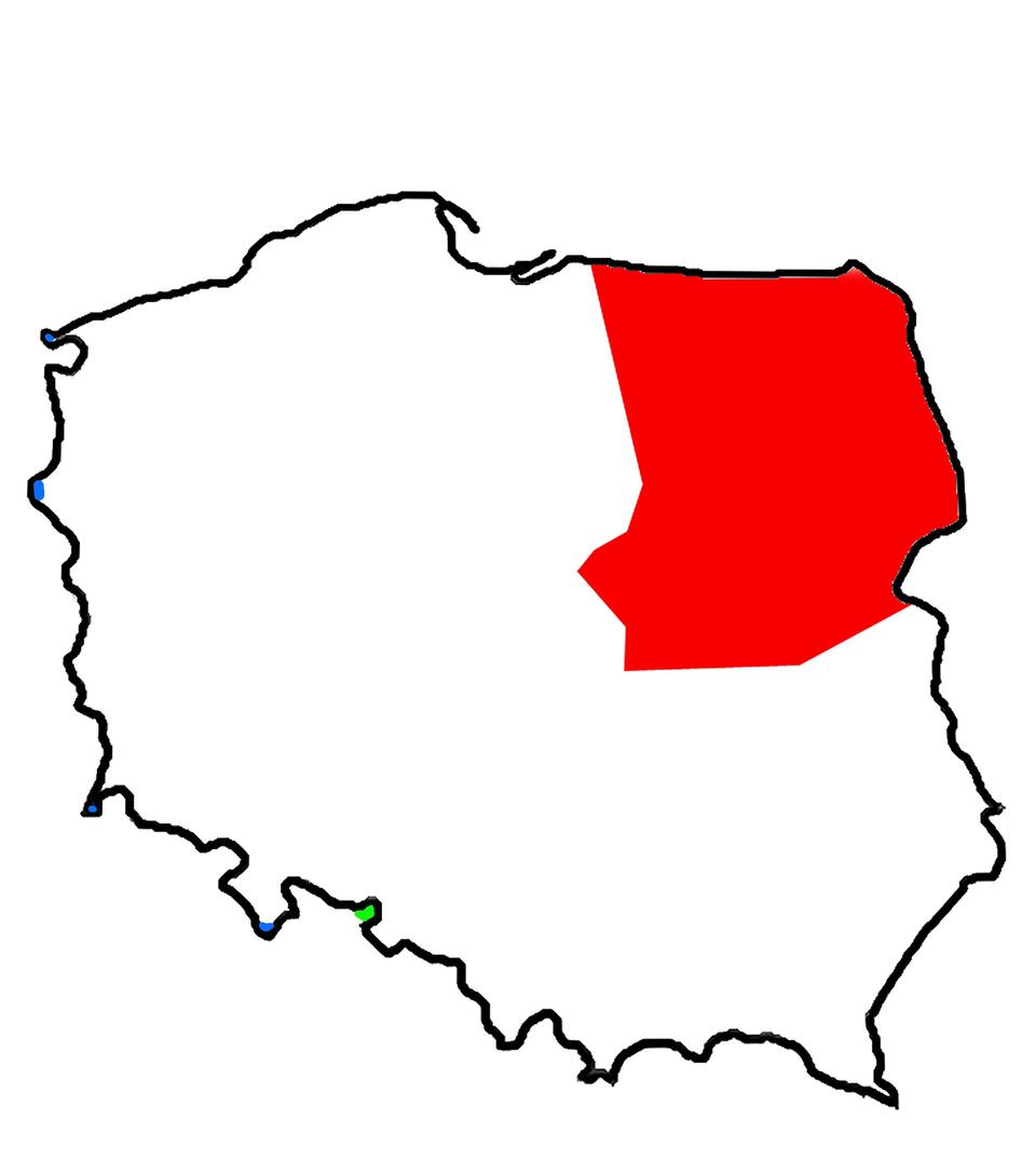 Na niebiesko i zielono - mikroobszary przekazane z Polski pod kontrolę powietrzną Czech i Niemiec; okolice Świnoujścia, Cedyni, Bogatyni i Międzylesie na płd. od Bystrzycy Kłodzkiej. Na czerwono - obszat przekazany pod zarząd Litwy