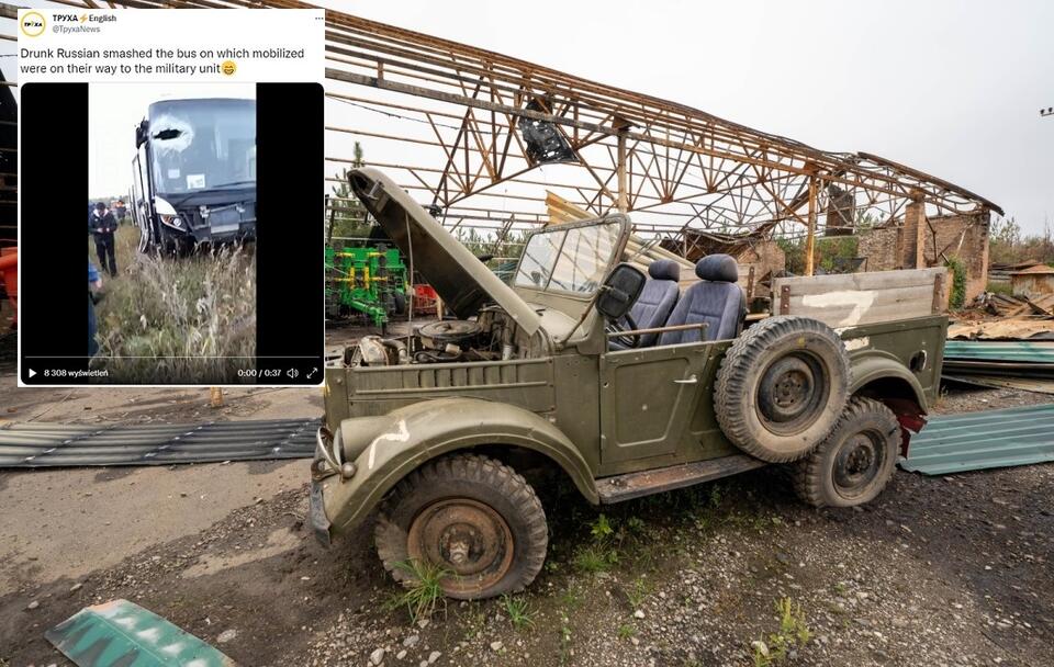 Rosyjski samochód terenowy GAZ-69; Uszkodzony autokar / autor: PAP/Mykola Kalyeniak; Twitter/TpyxaNews (screenshot)